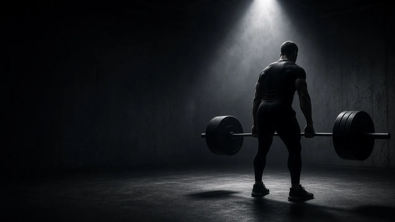 An athlete in a black hoodie stands in a dim gym, lit from above.