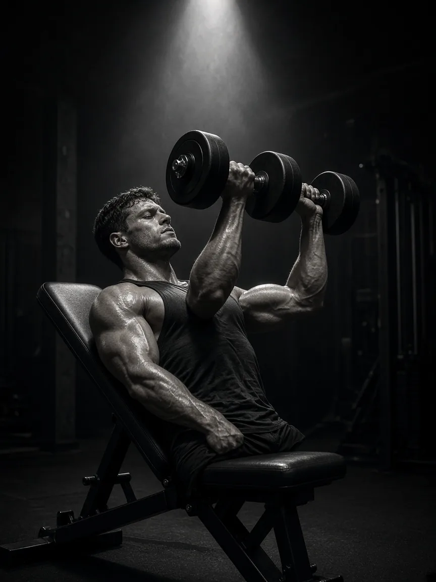 Incline dumbbell press on a black adjustable bench.