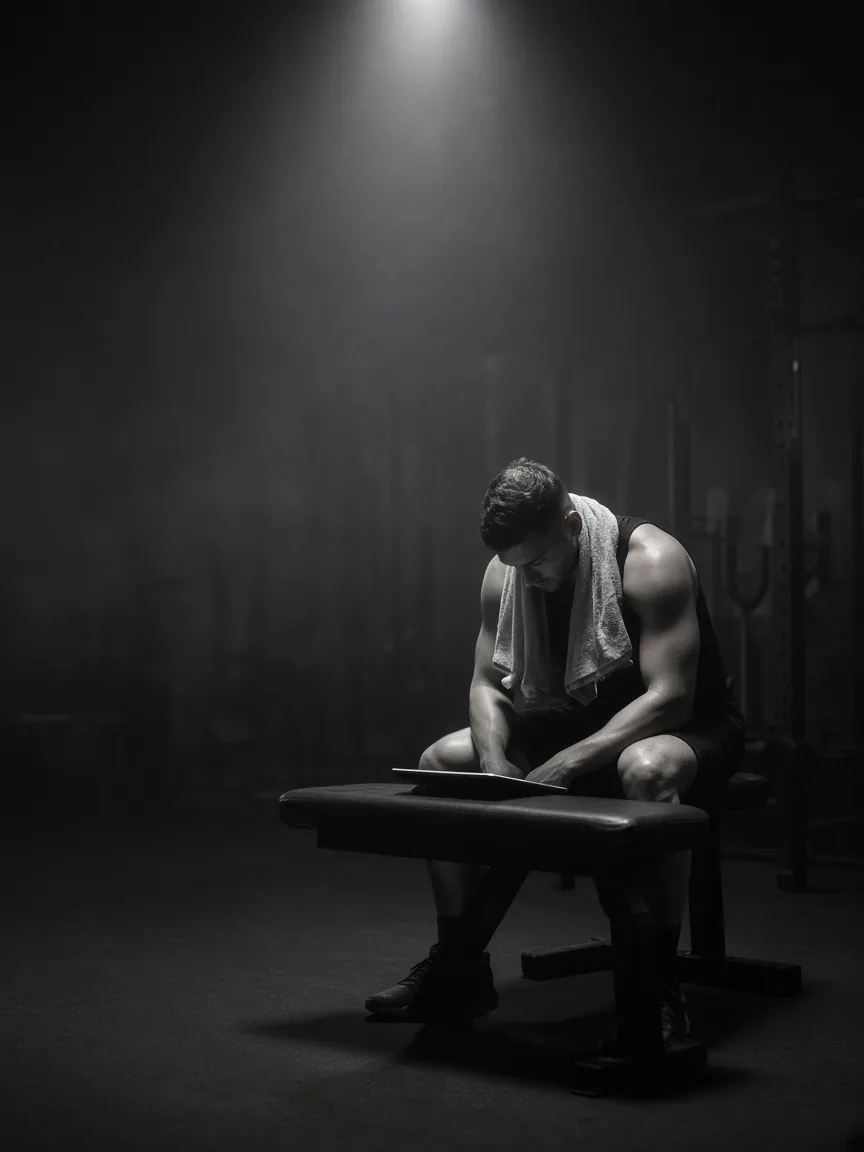 An athlete rests on a bench with a tablet beside them.